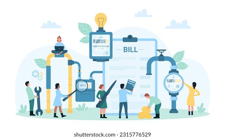 Payment of utility bills vector illustration. Cartoon tiny people check energy consumption on meter with magnifying glass, customers calculate cost of electricity, water and gas services on calculator