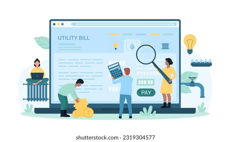 Payment of utility bills vector illustration. Cartoon tiny people hold calculator, money and magnifying glass to check and manage expenses, pay for gas and water supply, heating and electricity