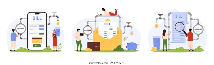Payment of utility services, water bill set. Tiny people pay for water consumption according to household meter reading, using paper letter invoice and magnifying glass cartoon vector illustration