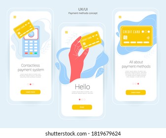 Plantillas de página web de Ux/UI de pago. Tarjeta de crédito o débito inalámbrica. Tarjeta de crédito de mano, terminal POS. Banners para el sitio web, aplicación móvil. Diseño minimalista, plantilla de interfaz de aplicación