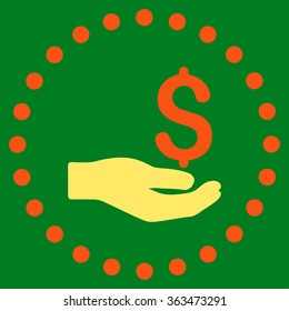 Payment vector icon. Style is bicolor flat circled symbol, orange and yellow colors, rounded angles, green background.