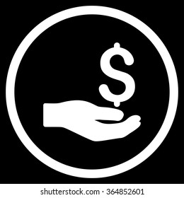 Payment vector icon. Style is flat circled symbol, white color, rounded angles, black background.