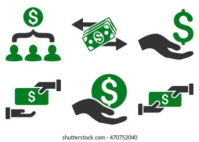 Payment vector icons. Pictogram style is bicolor green and gray flat icons with rounded angles on a white background.