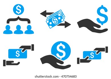 Payment vector icons. Pictogram style is bicolor blue and gray flat icons with rounded angles on a white background.