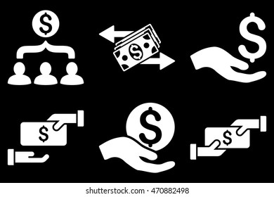 Payment vector icons. Pictogram style is white flat icons with rounded angles on a black background.
