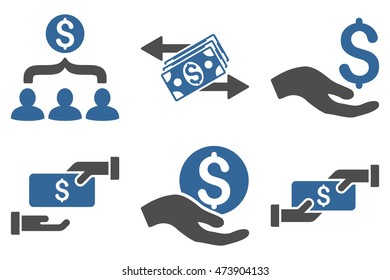 Payment vector icons. Pictogram style is bicolor cobalt and gray flat icons with rounded angles on a white background.