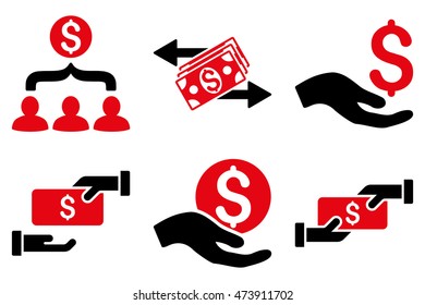 Payment vector icons. Pictogram style is bicolor intensive red and black flat icons with rounded angles on a white background.