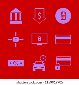 payment vector icons set. with credit card lock, parcel four directions, cyber security and parking time in set