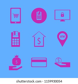 payment vector icons set. with cyber security, money bag hand, mobile shopping and atm location in set