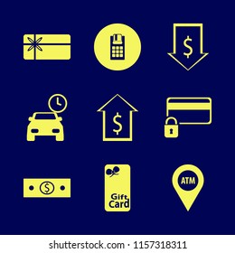 payment vector icons set. with dollar rate falling, credit card lock, money cash and pos terminal in set