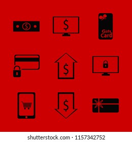 payment vector icons set. with dollar, credit card lock, dollar rate falling and money cash in set