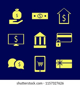 payment vector icons set. with gift card, dollar symbol computer, money bag hand and bank in set