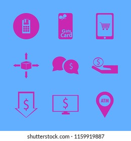 payment vector icons set. with parcel four directions, atm location, money speech bubbles and pos terminal in set