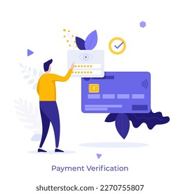 Payment Verification flat concept vector illustration. Man entering login and password of bank account cartoon character on white for web design. Creative idea for website, mobile and presentation