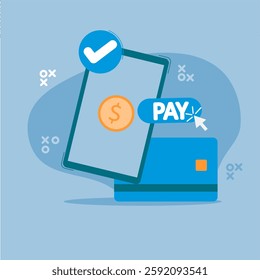 payment via mobile phone, banking online payment icon concept. pay button on smartphone transactions with atm card. mobile phone by clicking the pay button. vector illustration. EPS 2