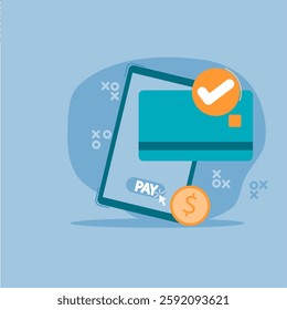 payment via mobile phone, banking online payment icon concept. pay button on smartphone transactions with atm card. mobile phone by clicking the pay button. vector illustration. EPS 1