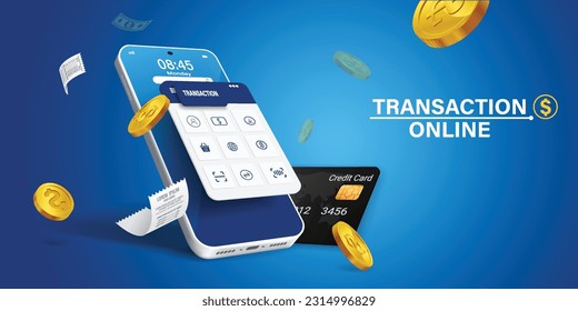 
Payment via mobile phone.Mobile payment applications.trasaction online.
Mobile phone with payment application And there's a credit card next to it. Surrounded by coins.concept design,vector 3d.