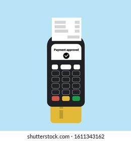Payment via POS terminal with credit card. Receipt, money. Vector illustration in flat style.