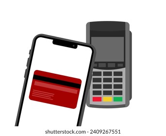 Payment via terminal by telephone. Flat, color, terminal and phone icon, card on the phone screen, payment by terminal. Vector icon