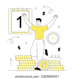 Payment wages concept. Man with gold coins. Young guy with lottery win and wealth. Successful entrepreneur or businessman, employee with money, cash. Linear flat vector illustration