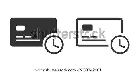 Payment wait delay icon line stroke, bank debit card with clock recurring status sign symbol thin linear simple pictogram, money cash transaction transfer awaiting authorization solid image clip art
