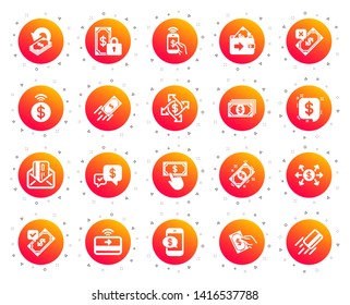 Payment wallet icons. Set of Accept money transfer, Pay with Phone and Credit card by mail icons. Online payment, Dollar exchange and Fast money send. Private pay, Cash and Wallet. Vector