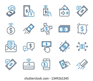 Payment wallet line icons. Set of Accept money transfer, Pay with Phone and Credit card by mail icons. Online payment, Dollar exchange and Fast money send. Private pay, Cash and Wallet. Vector