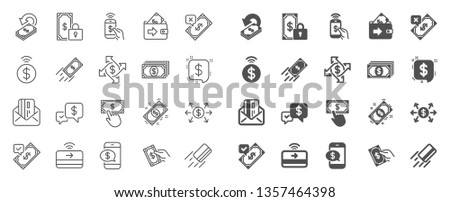 Payment wallet line icons. Set of Accept money transfer, Pay with Phone and Credit card by mail icons. Online payment, Dollar exchange and Fast money send. Private pay, Cash and Wallet. Vector