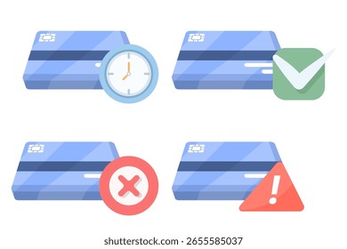 Conceito de aviso de pagamento. Status do aviso de fraude de pagamento, símbolo de sinal gráfico de pagamento pendente, verificação bem-sucedida da transação de pagamento à vista. Ilustração de design plano no fundo.