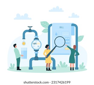 Payment of water bills vector illustration. Cartoon tiny people hold magnifying glass to check paper receipt for water supply, reduce natural resource consumption according to meter readings on pipe