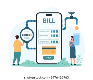 Payment for water supply using mobile app. Tiny people check water consumption in pipeline system with meter readings, pay for utility bill with credit card on phone screen cartoon vector illustration