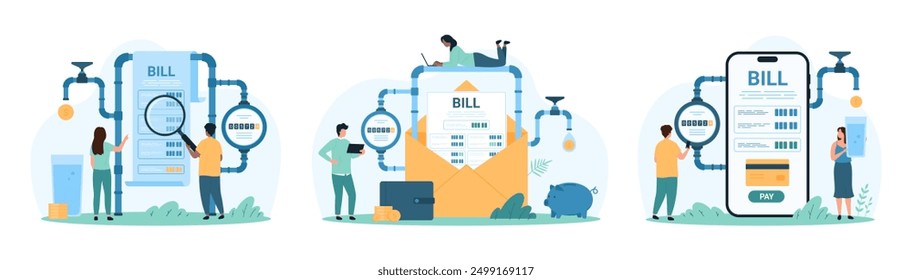 Payment for water supply, utility bill set. Tiny people check water consumption in household system with meter readings, pay for invoice in mobile app and paper letter cartoon vector illustration