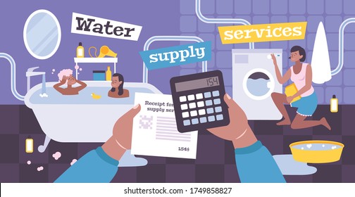 Payment of water utility services flat composition with view of bathroom with bath and washing machine vector illustration