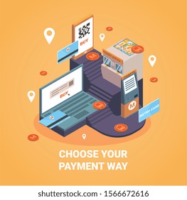Payment way concept with online payment symbols isometric vector illustration