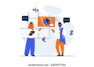 Bezahlen Web-Konzept mit Charakter-Szene. Arabische Muslime, die Online-Banking und Kreditkarte benutzen. Menschen Situation in flachem Design. Vektorgrafik für Social Media Marketing Material.