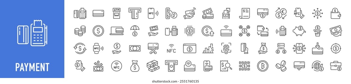 Iconos web de pago en estilo de línea. Dinero, métodos de pago, pago en línea, tarjeta, negocio, cartera, banco, colección. Ilustración vectorial.