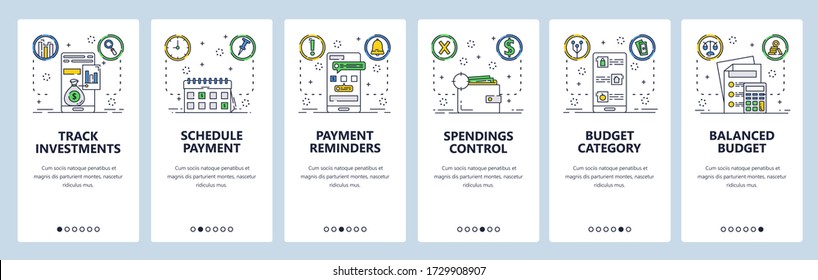 Payment web site and mobile app onboarding screens. Menu banner vector template for website and application development. Payment schedule, reminder and spendings control. Thin line art flat style.