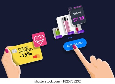 Payment for women's cosmetics online by Bank card for Halloween. Vector banner