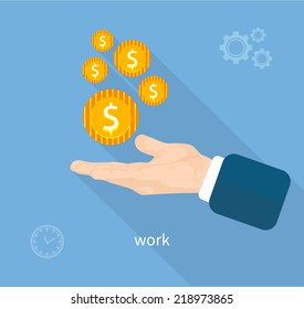 Payment of work. Business concept in flat design. Hand with coins