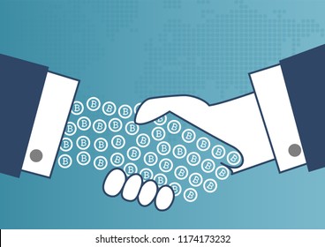 Payments with bitcoin concept. Illustration of two business men shaking hands