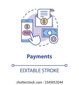 Payments concept icon. Pay online idea thin line illustration. E billing. Financial management app. Expenses tracker. Internet banking transaction. Vector isolated outline drawing. Editable stroke