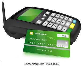 Payments concept: Modern wireless POS terminal and bank card with green design near it. Vector illustration, isolated on white background.