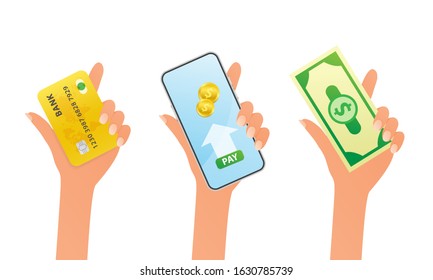 Payments concept. Payment method and option to transfer money. Hands holding credit plastic card, smartphone and money bills. Vector illustrates.