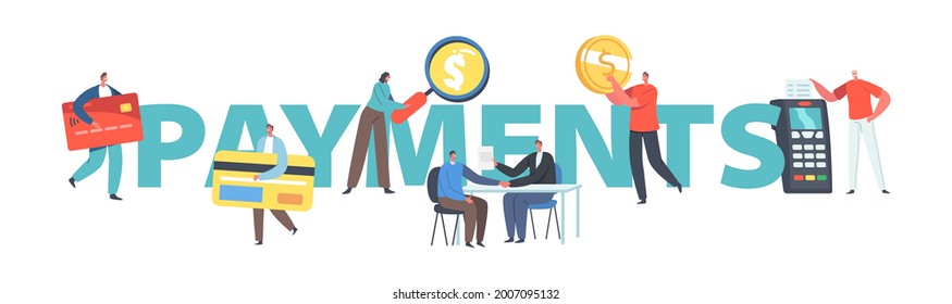 Payments Concept. Tiny Characters Use Cash and Wireless Devices for Money Transactions, Banking System, Online Virtual Bank Services Poster, Banner or Flyer. Cartoon People Vector Illustration