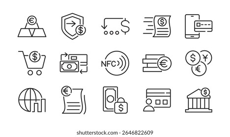 Conjunto de ícones da linha de pagamentos. dinheiro, recebimento, NFF, documento, caixa eletrônico, dinheiro, moedas, cartão de crédito, carteira, economias, finanças, crescimento, conjunto de ícones da linha de investimentos. Pacote de ícones de linha fina da interface do usuário.