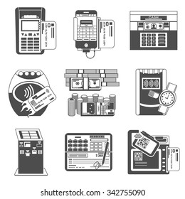 Payments methods black icons collection with bank transaction deposit machine and  credit card reader abstract vector illustration