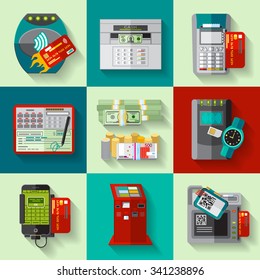 Payments methods flat icons set with atm machine green banknotes cash and credit card abstract vector illustration