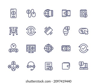 Payments, online banking and money transfers line icons set