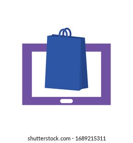 payments online concept, computer with shopping bag icon over white background, flat style, vector illustration