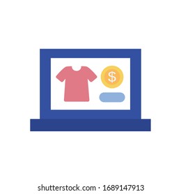 concepto de pagos en línea, ordenador portátil con camiseta e iconos de monedas en pantalla sobre fondo blanco, estilo plano, ilustración vectorial